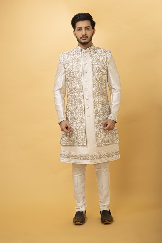 IVORY EMBROIDERED NAWABI WITH LONG JACKET