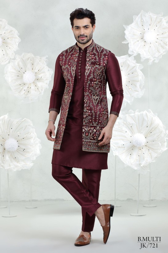 MAROON EMBROIDERED LONG JACKET SET