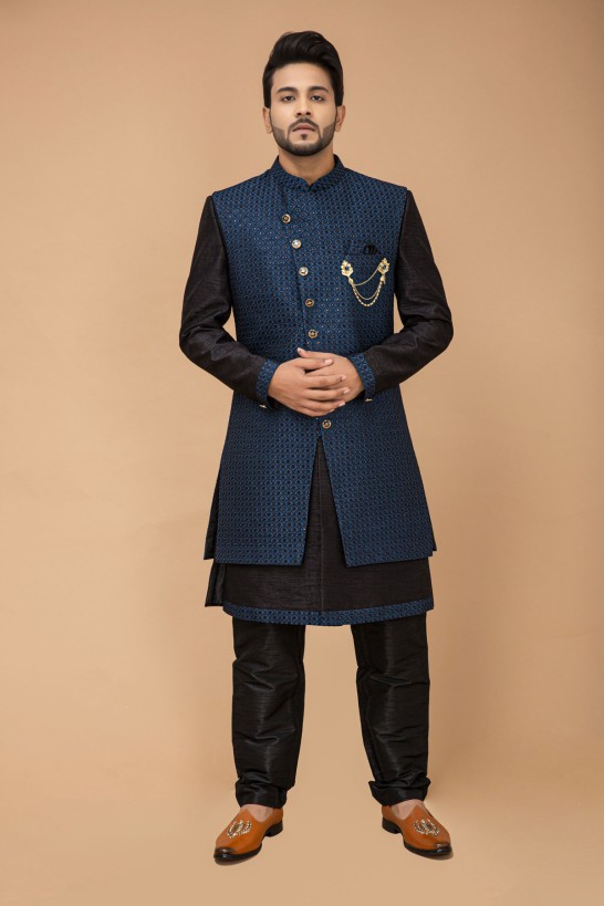 Black Nawabi With Teal Long Jacket