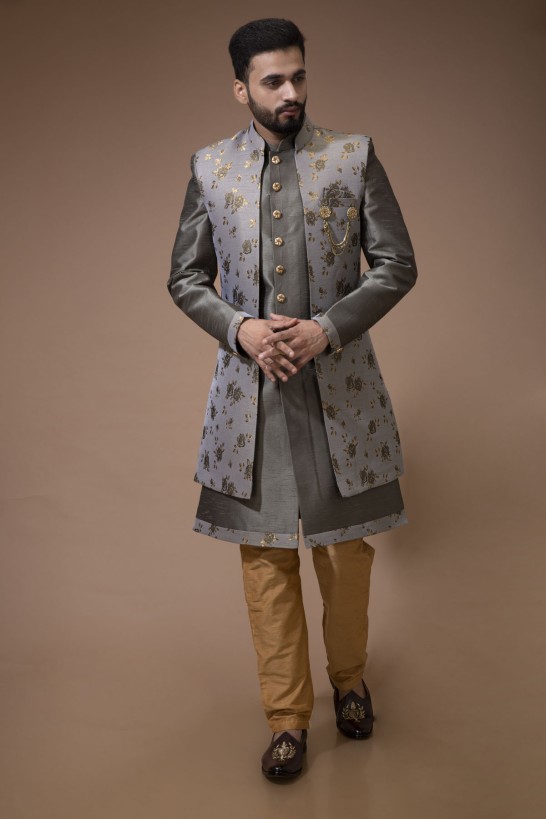 Gray Nawabi with Floral Long jacket