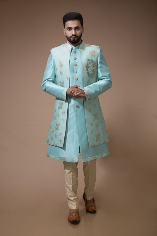 Sea Green Nawabi With Jacquard Long Jacket