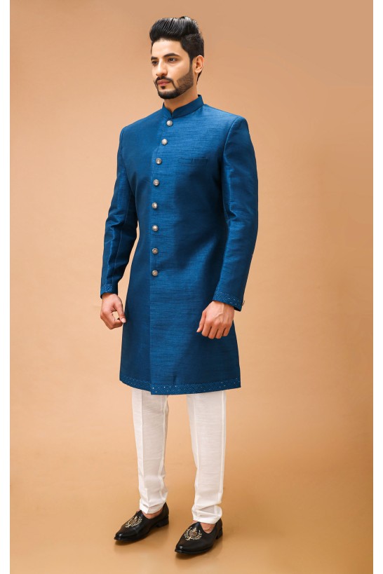 Teal Blue Nawabi With Self Embroidered Long Jacket