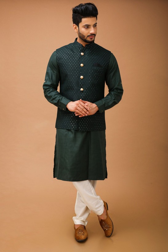 Solid Color Cotton Nehru Jacket in Green : MLC2034