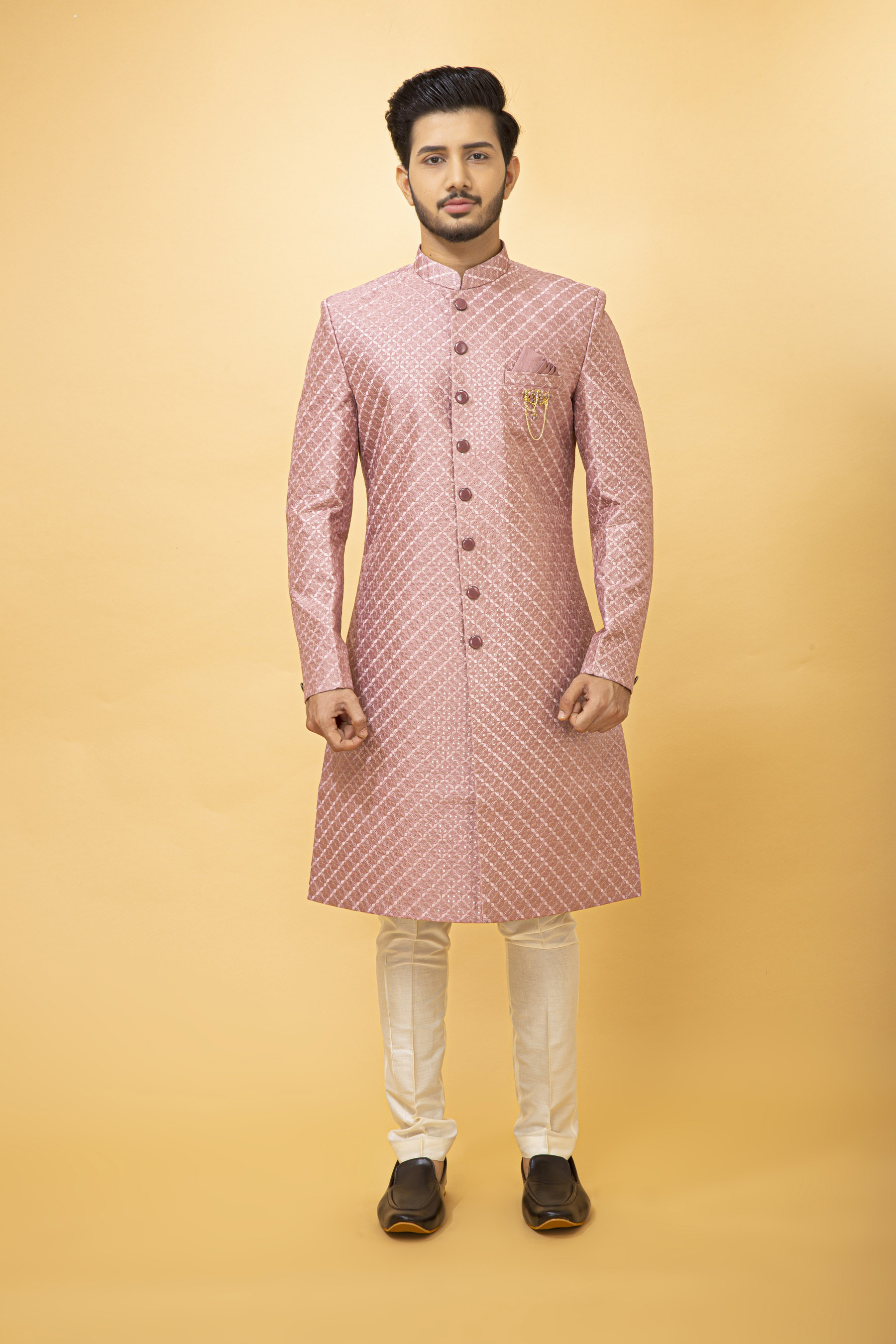 ONION PINK SELF EMROIDERED NAWABI