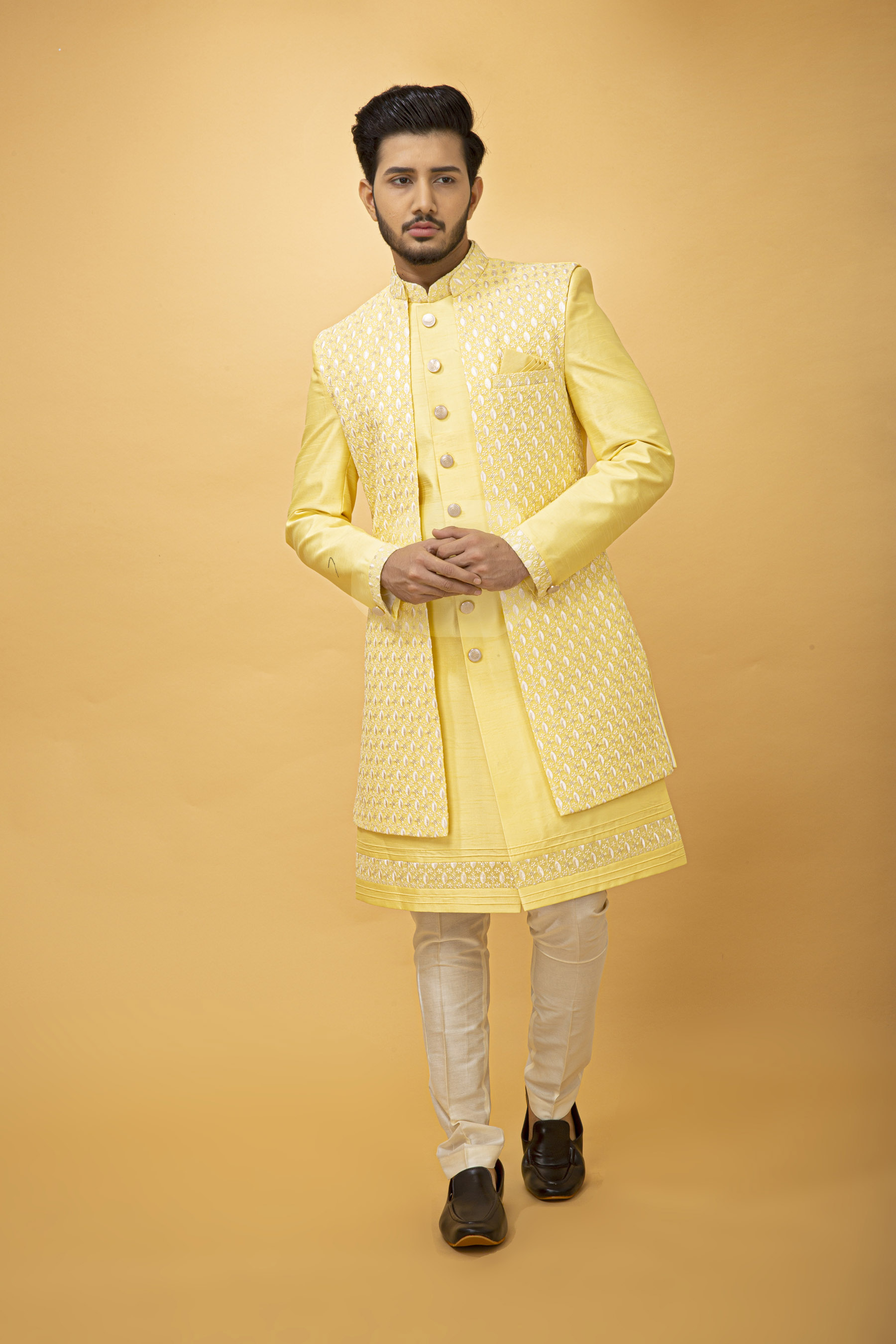 LIME YELLOW NAWABI WITH  LONGJACKET