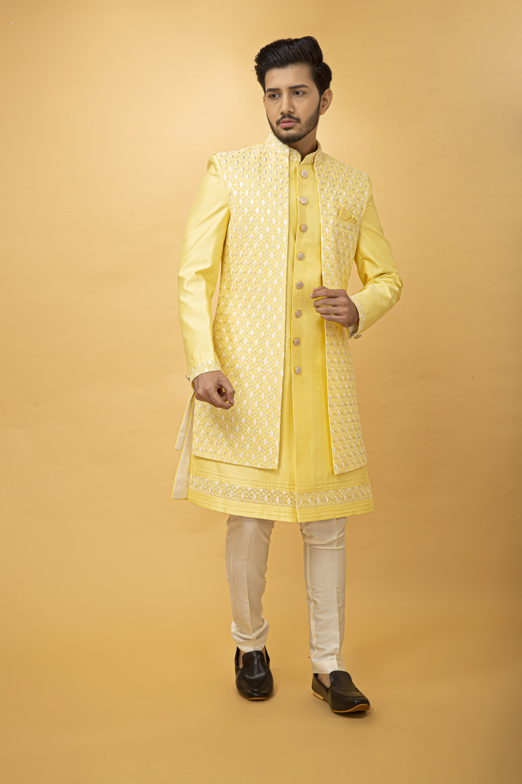 LIME YELLOW NAWABI WITH  LONGJACKET