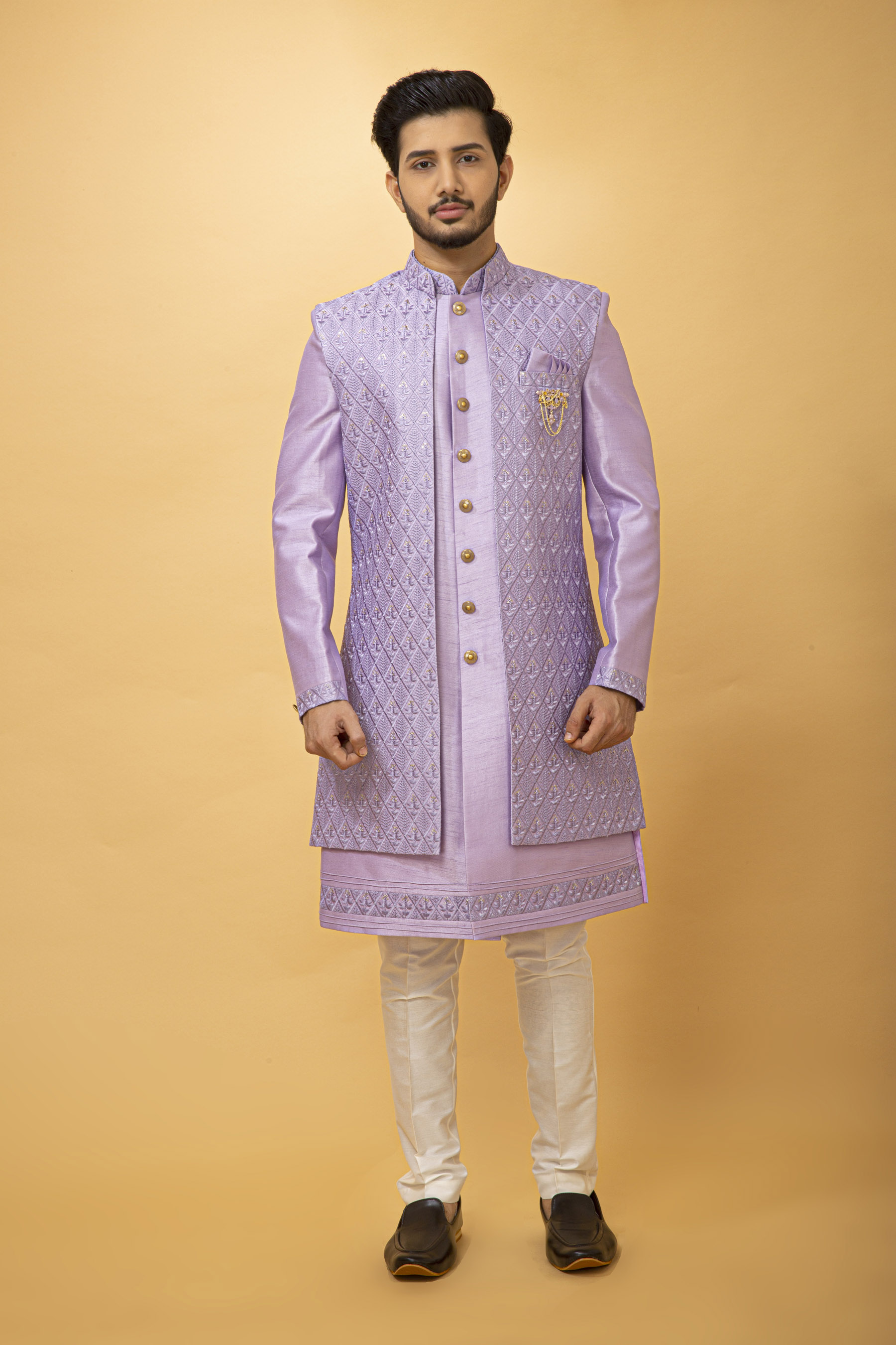 LAVENDER SELF DESIGN NAWABI WITH LONG JACKET