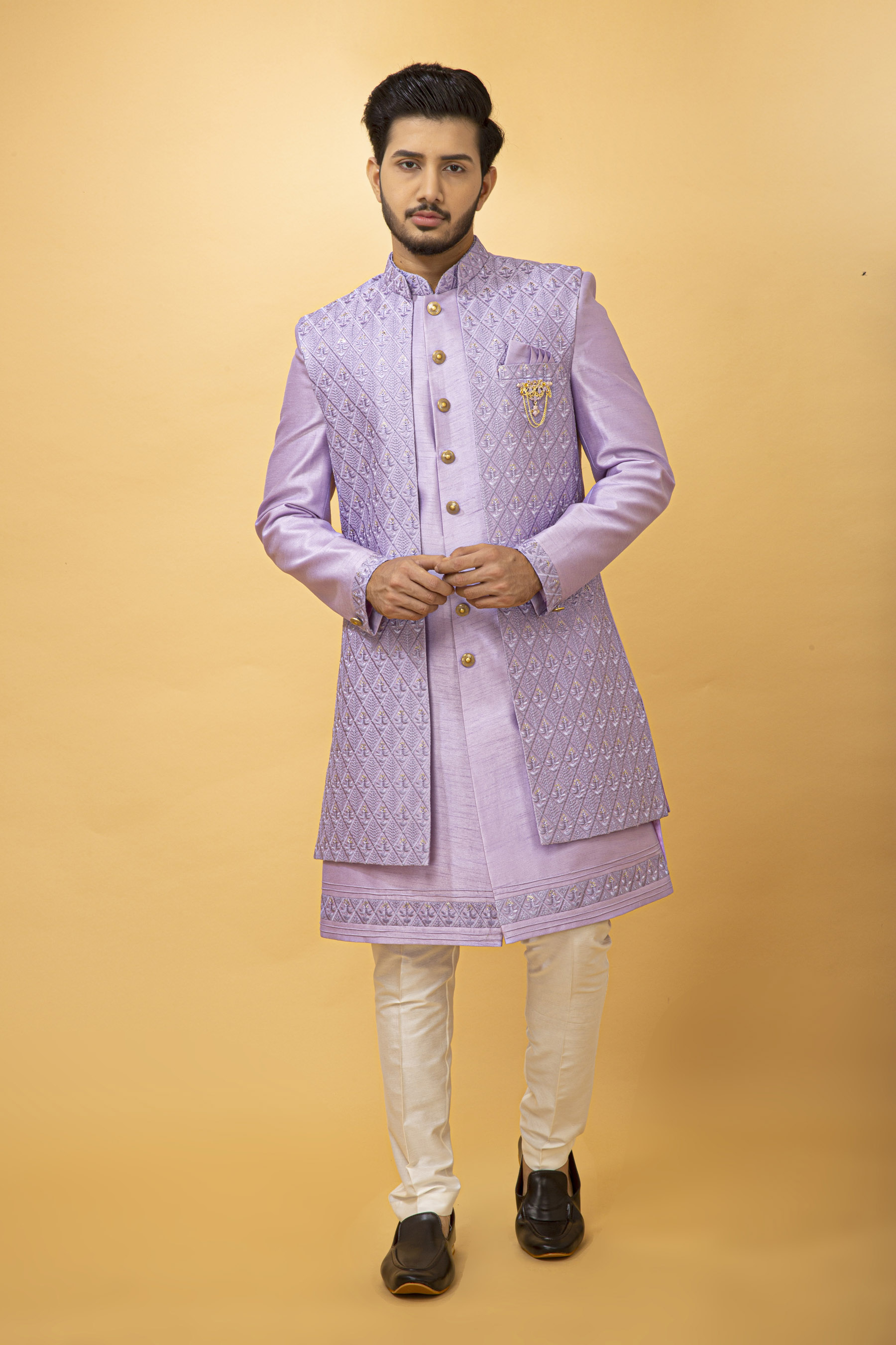 LAVENDER SELF DESIGN NAWABI WITH LONG JACKET