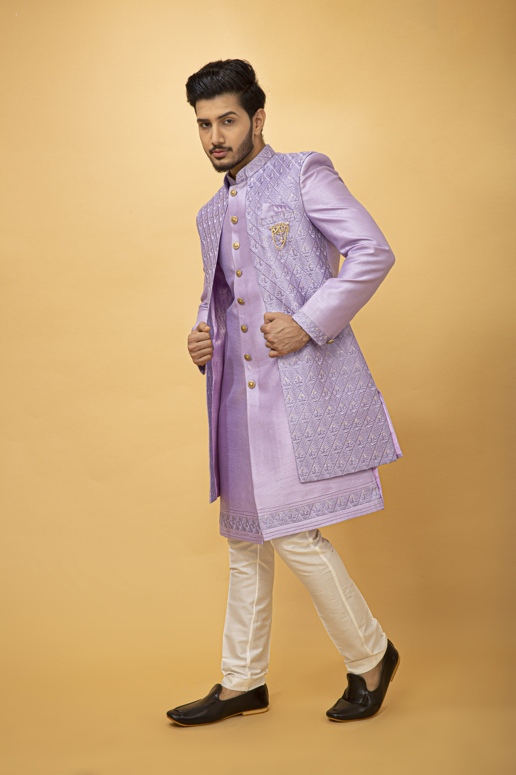 LAVENDER SELF DESIGN NAWABI WITH LONG JACKET