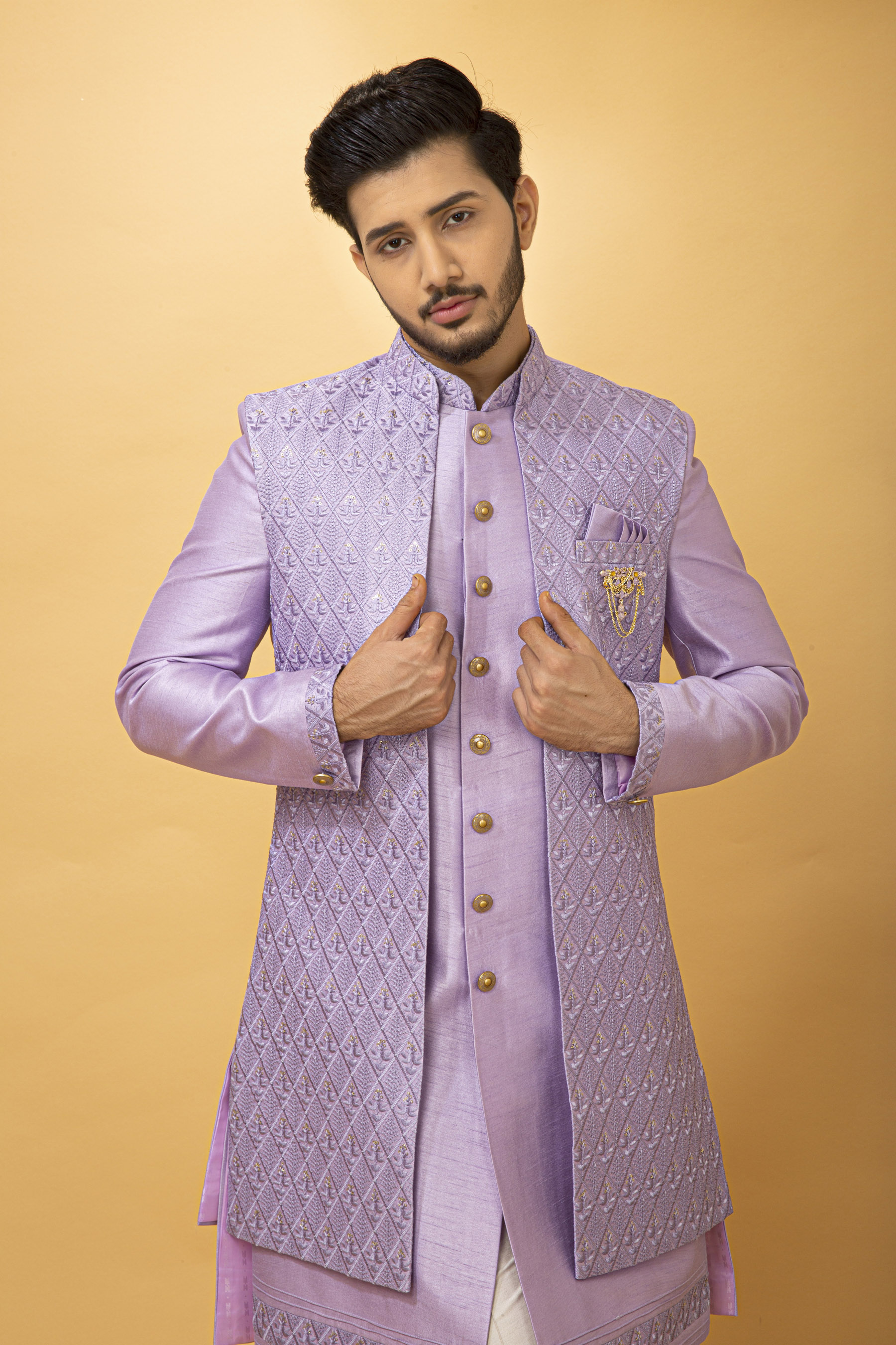 LAVENDER SELF DESIGN NAWABI WITH LONG JACKET