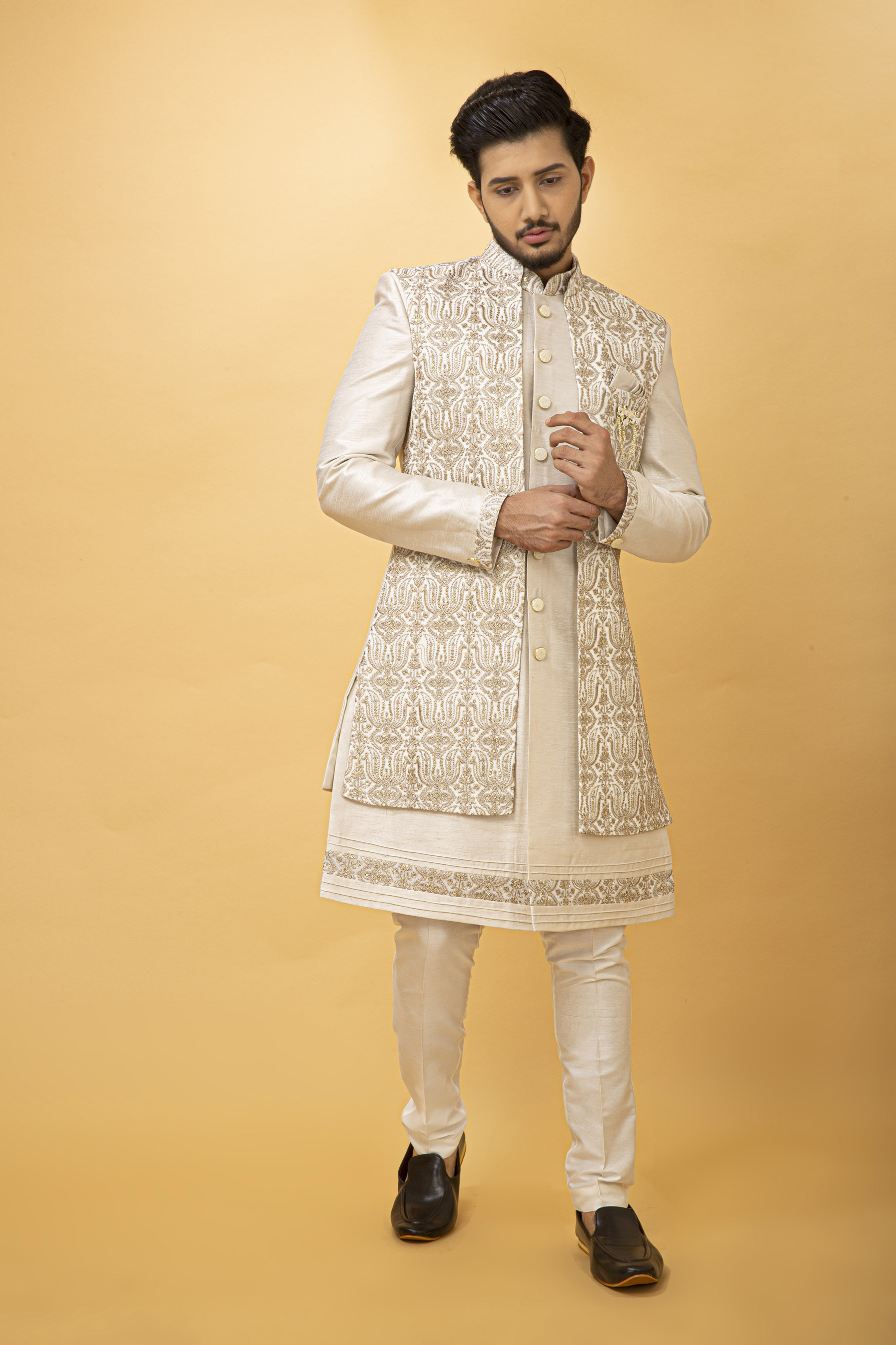 IVORY EMBROIDERED NAWABI WITH LONG JACKET