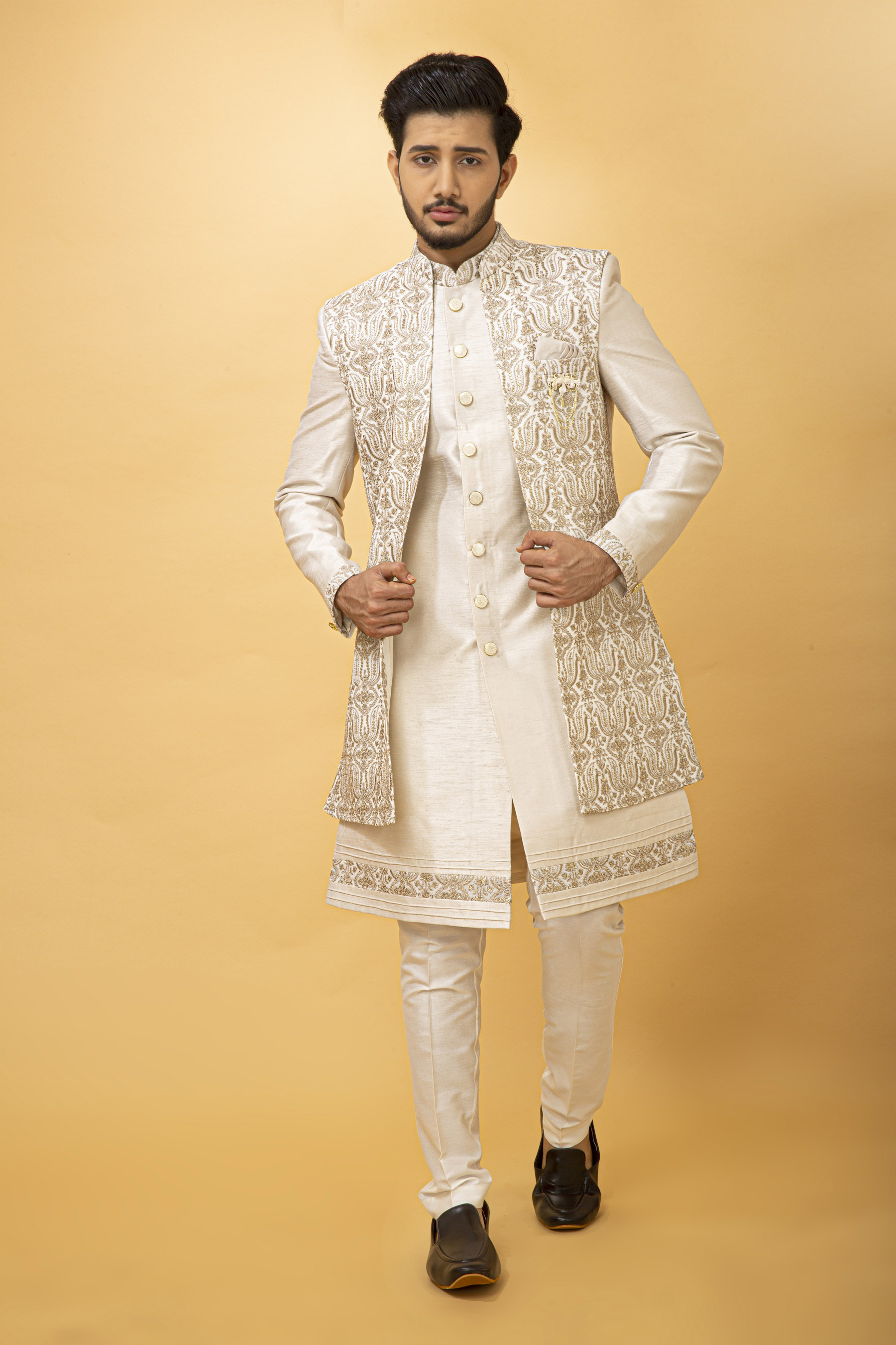 IVORY EMBROIDERED NAWABI WITH LONG JACKET