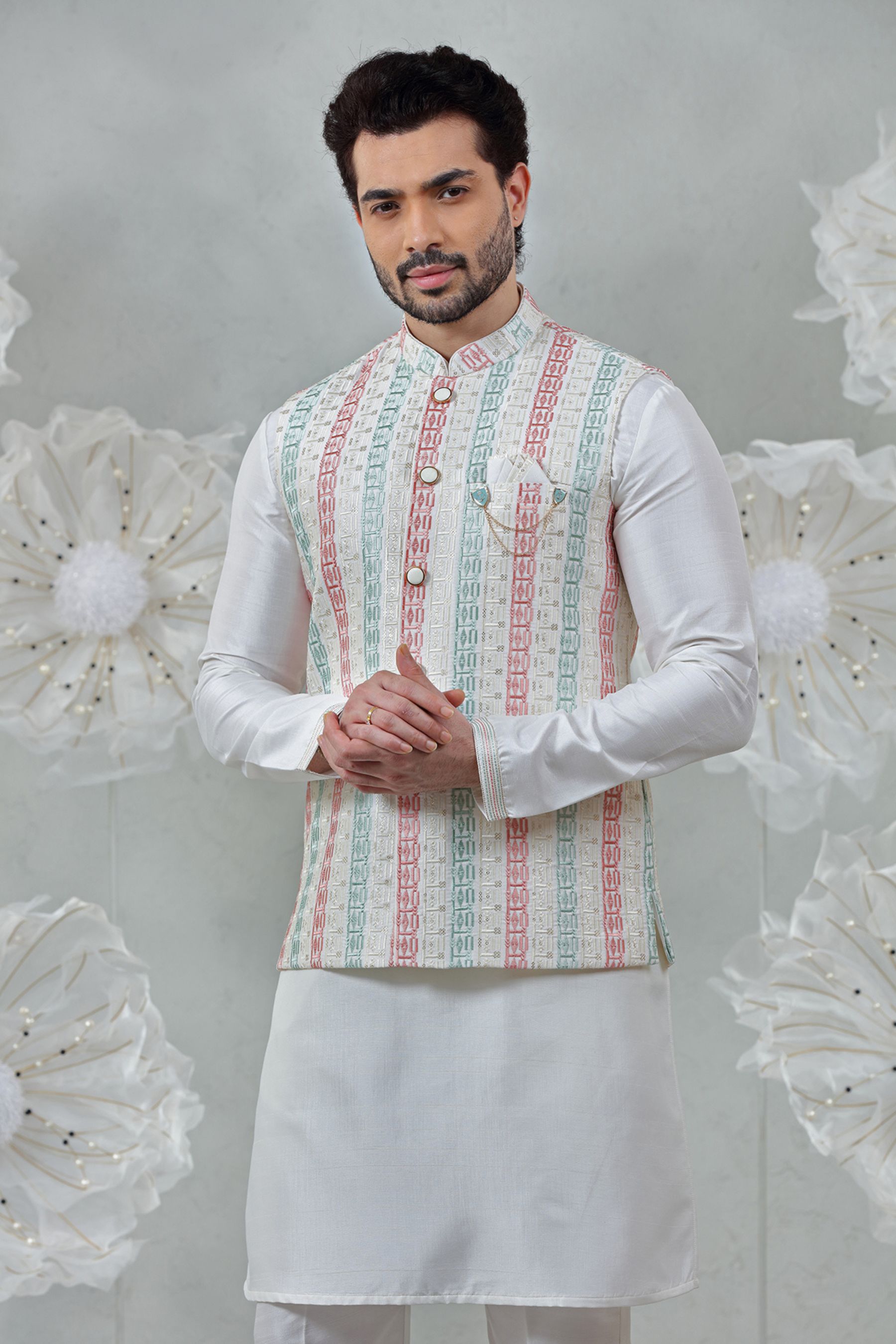 STRIPED EMBROIDERED KURTA JACKETSET