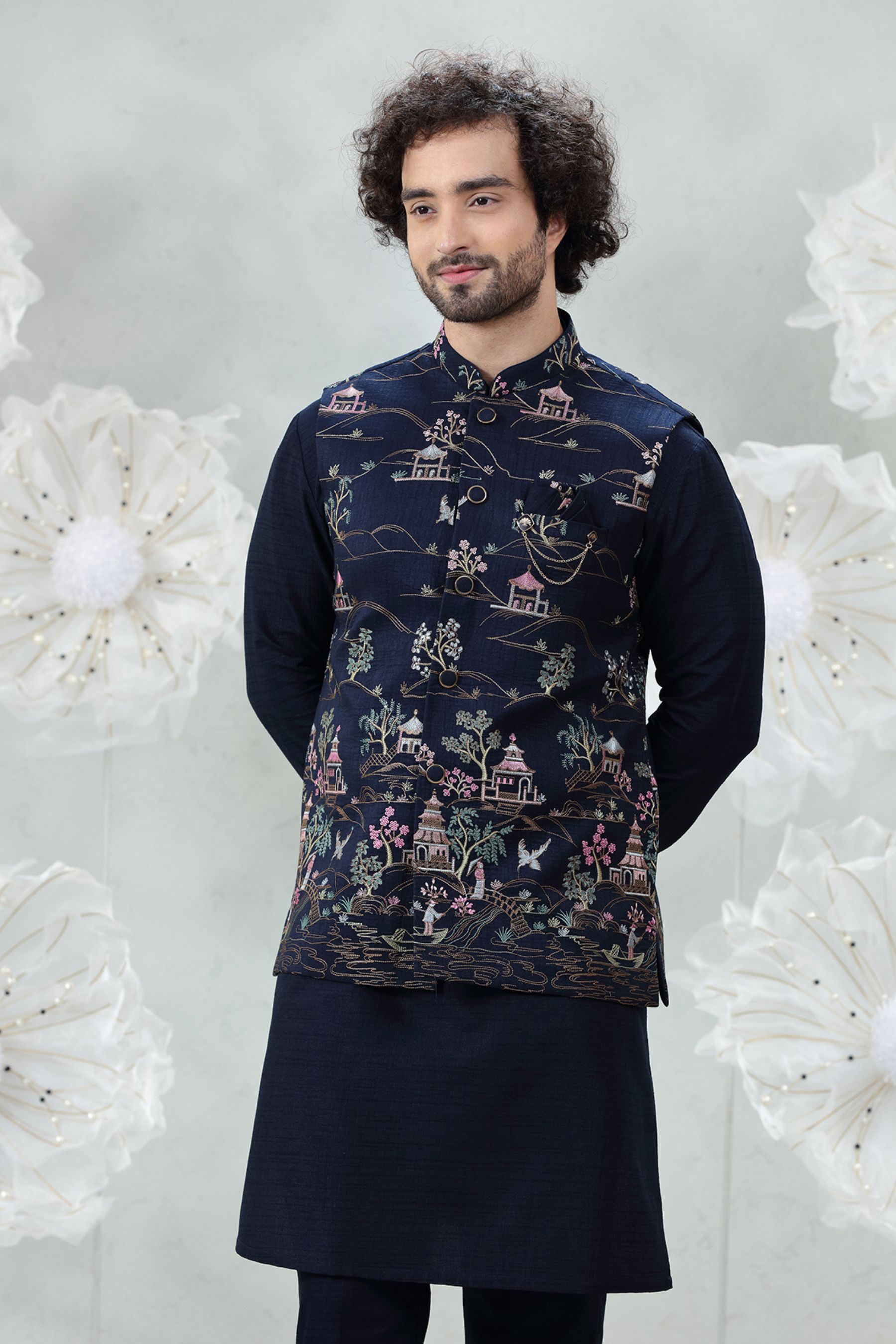 BOATING DESIGN EMBROIDERED KURTA JACKETSET