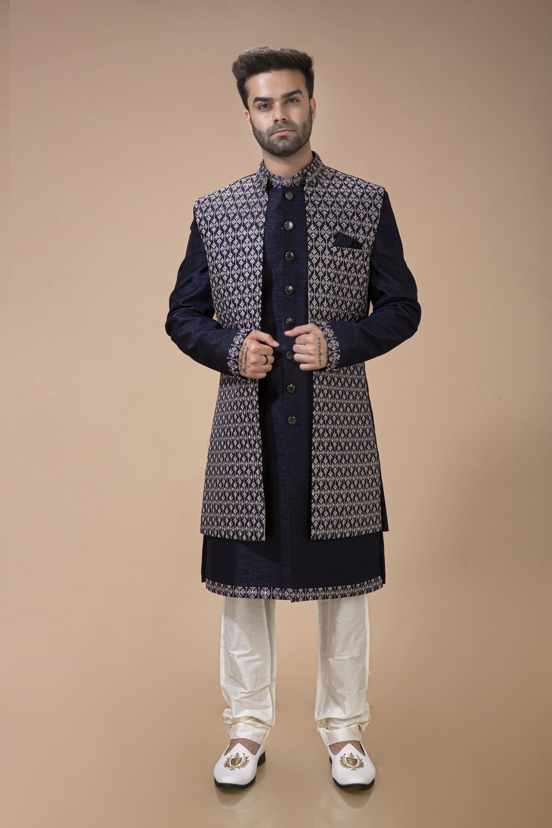 Navy Blue Long Jacket With Contrast Thread Embroidery