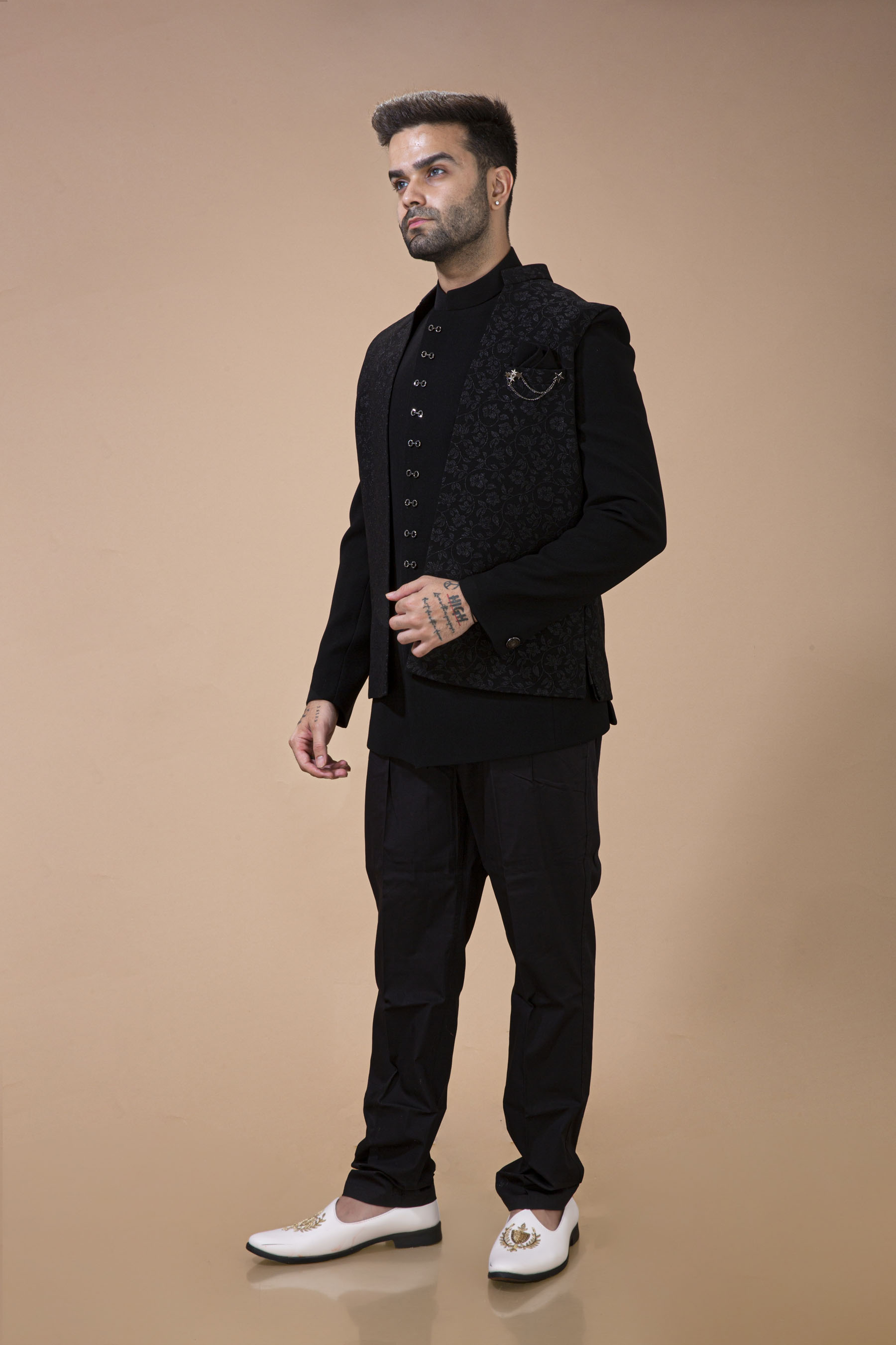 Zed Black Jodhpuri With Floral Waist Coat 