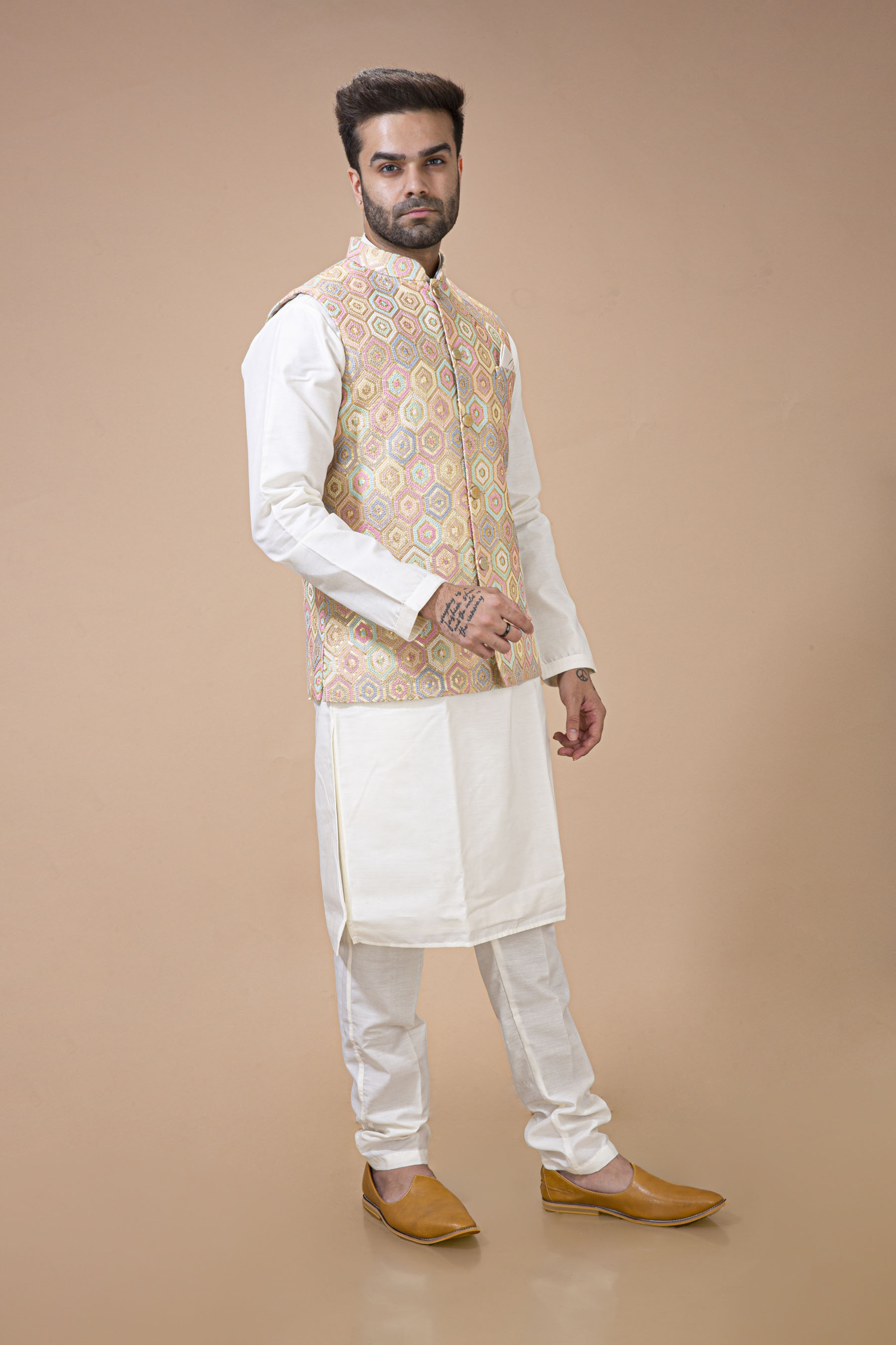 Multi Colour Waist Coat With Plain Silk Kurta Set 