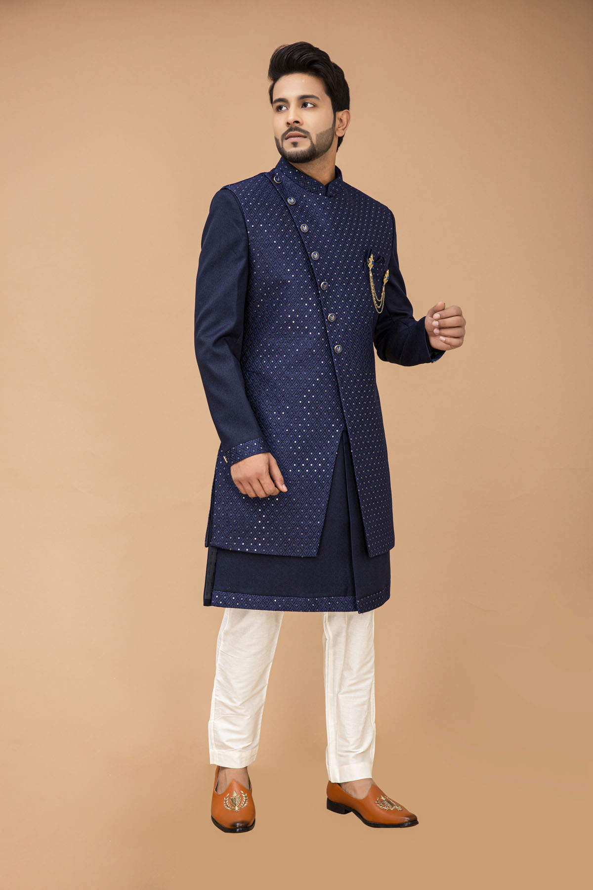 Navy Blue Nawabi  with Long jacket