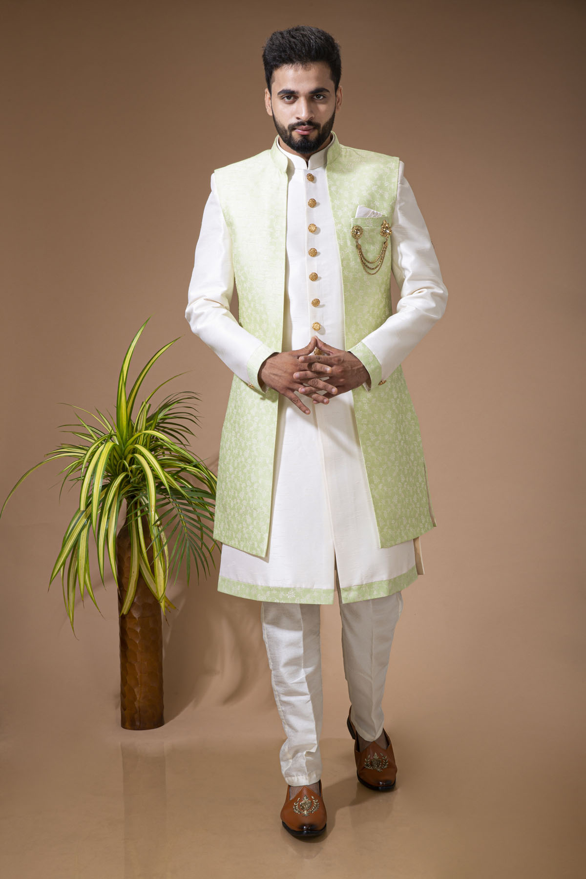 Cream Nawabi With Pista Long Jacket