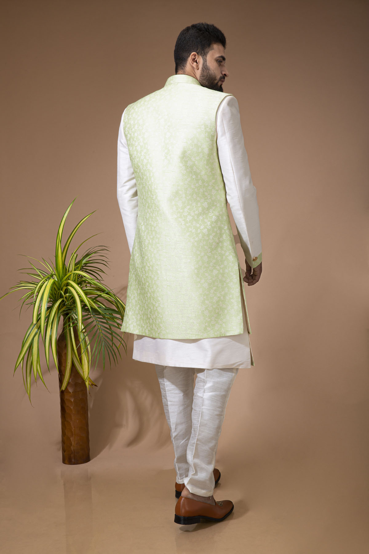 Cream Nawabi With Pista Long Jacket