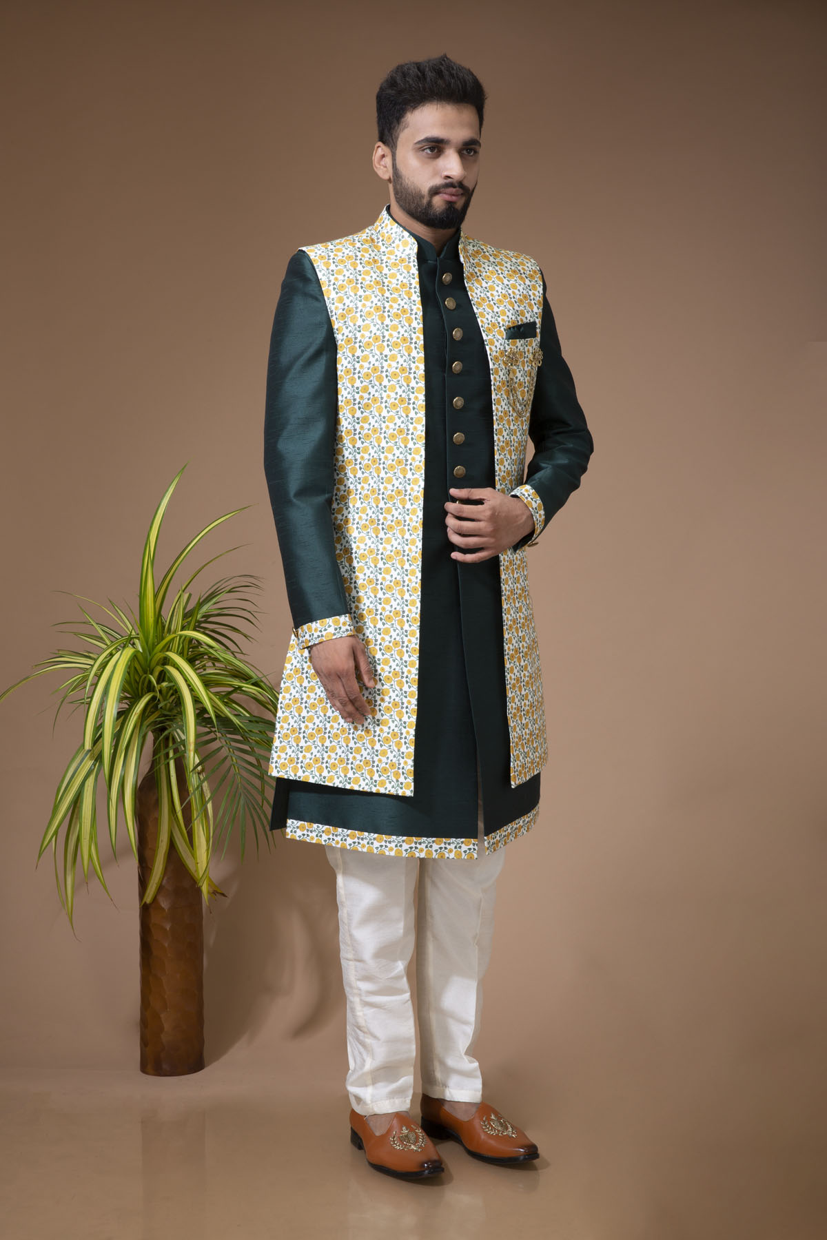 Green Nawabi with Floral Long jacket