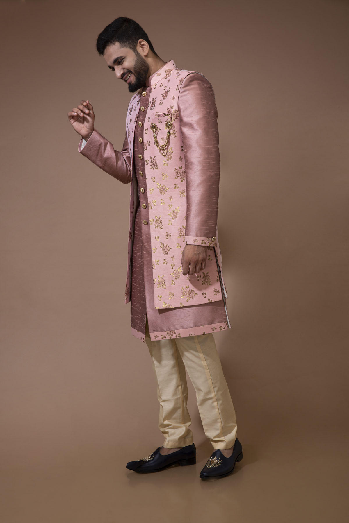 Rosy Coral Nawabi with Floral Long jacket