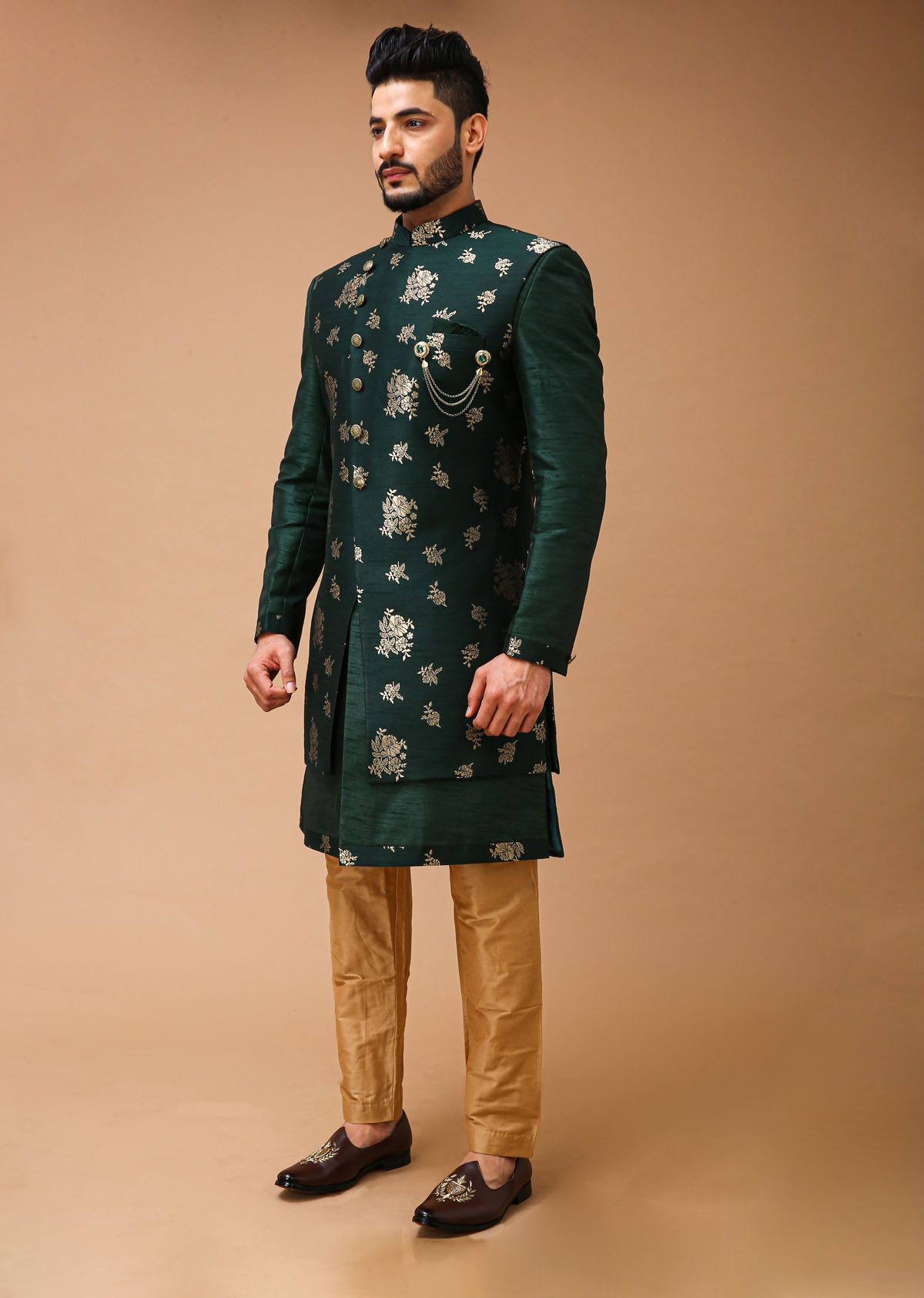 Emerald Green Nawabi With Floral Long Jacket