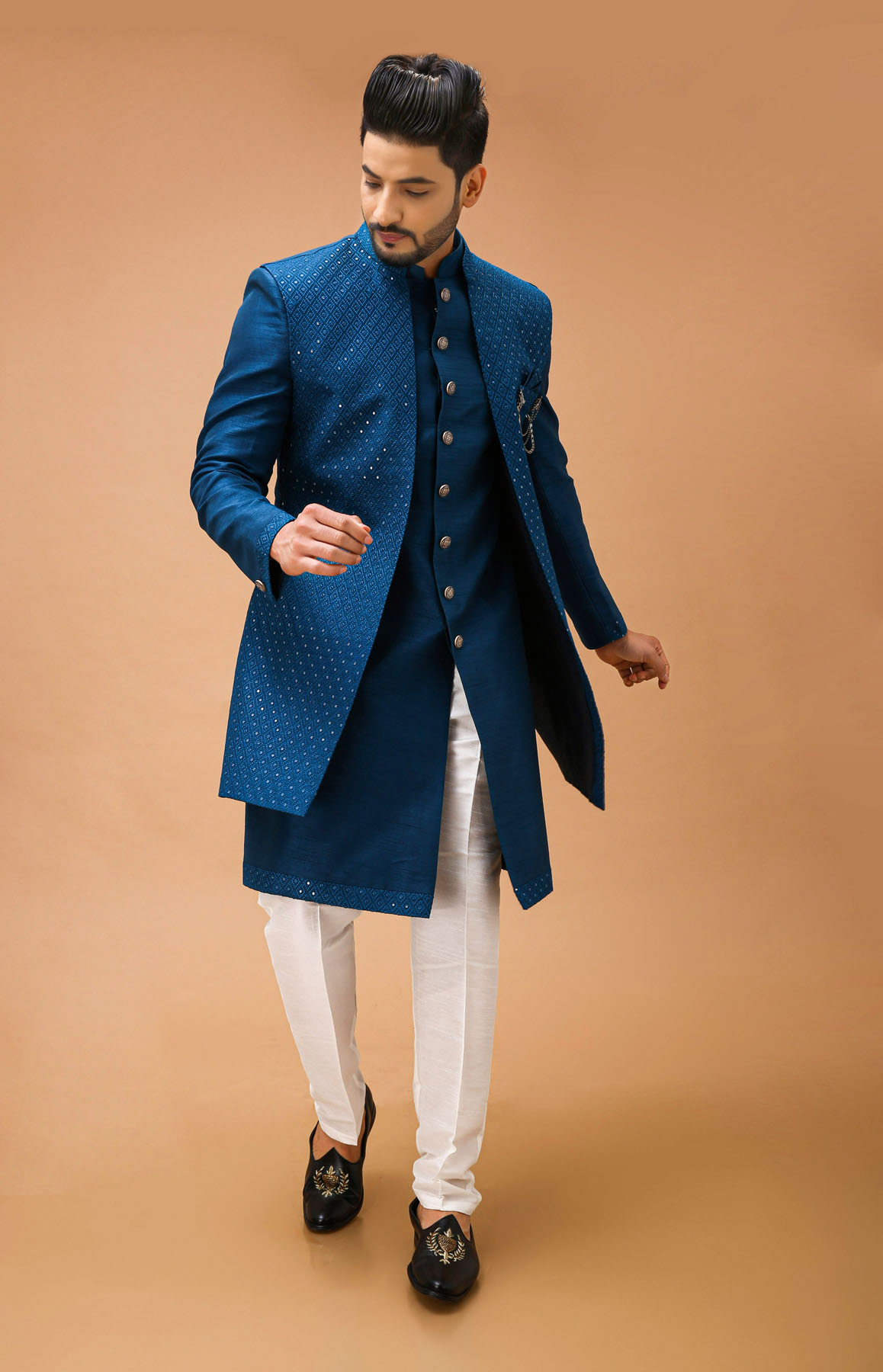 Teal Blue Nawabi With Self Embroidered Long Jacket