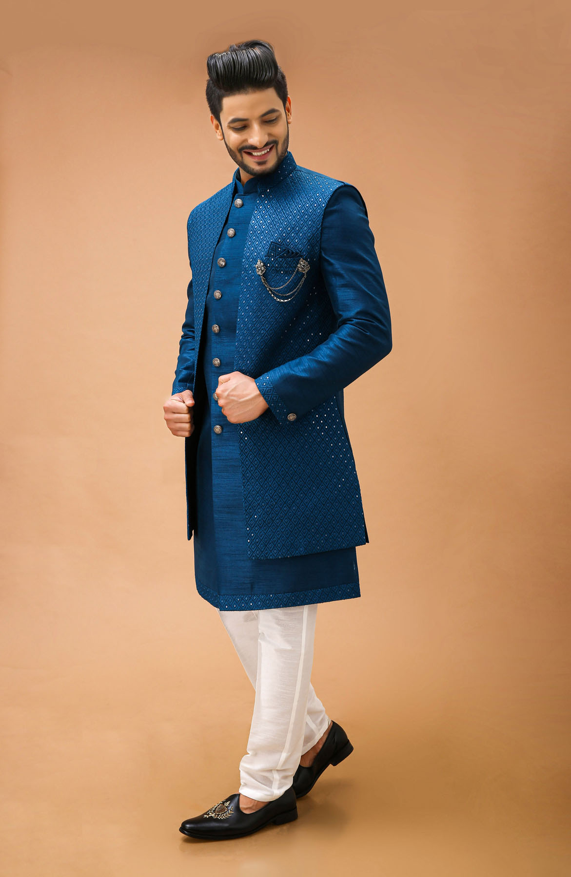 Teal Blue Nawabi With Self Embroidered Long Jacket